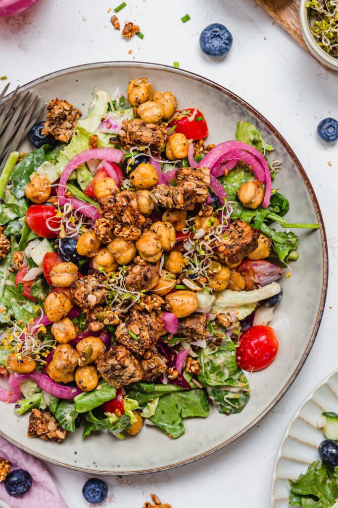 Close up of Crispy Chickpea Crouton Salad with Balsamic Dressing
