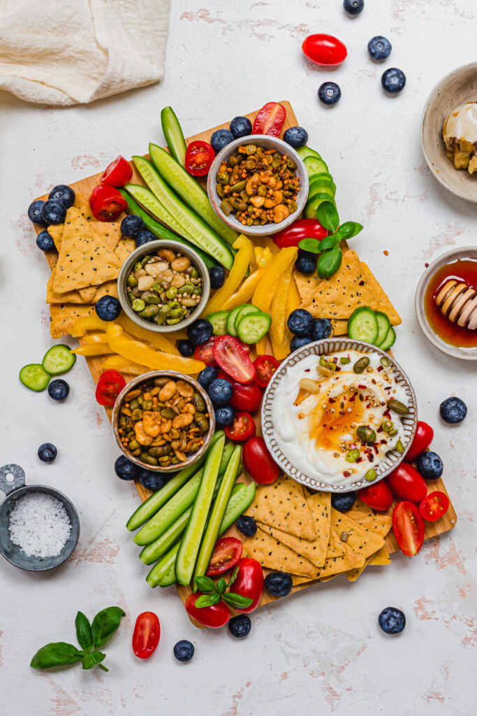 Vegan Sharing board with Vegan Garlic Whipped Feta and vegetables