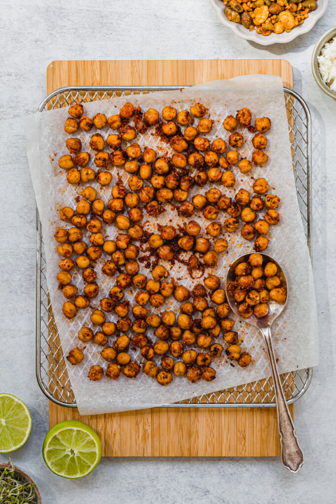 Crunchy BBQ chickpeas on a metal tray