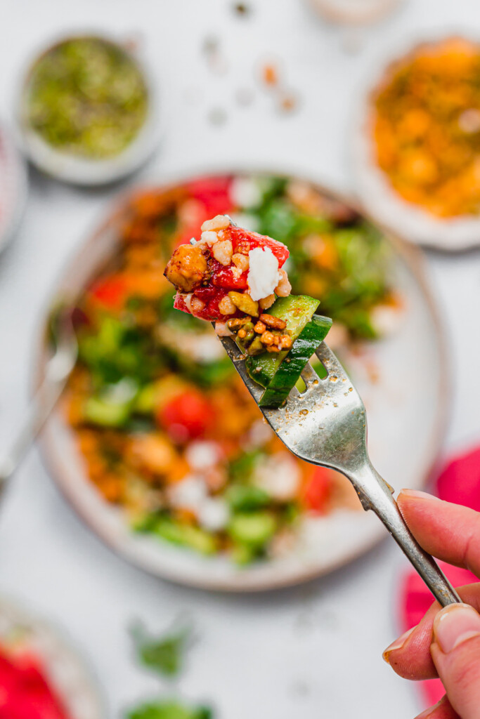 Close up of a forkful of BBQ Watermelon Chickpea Feta Salad