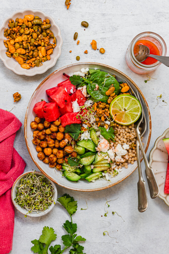 BBQ Watermelon Chickpea Feta Salad with two forks in a bowl