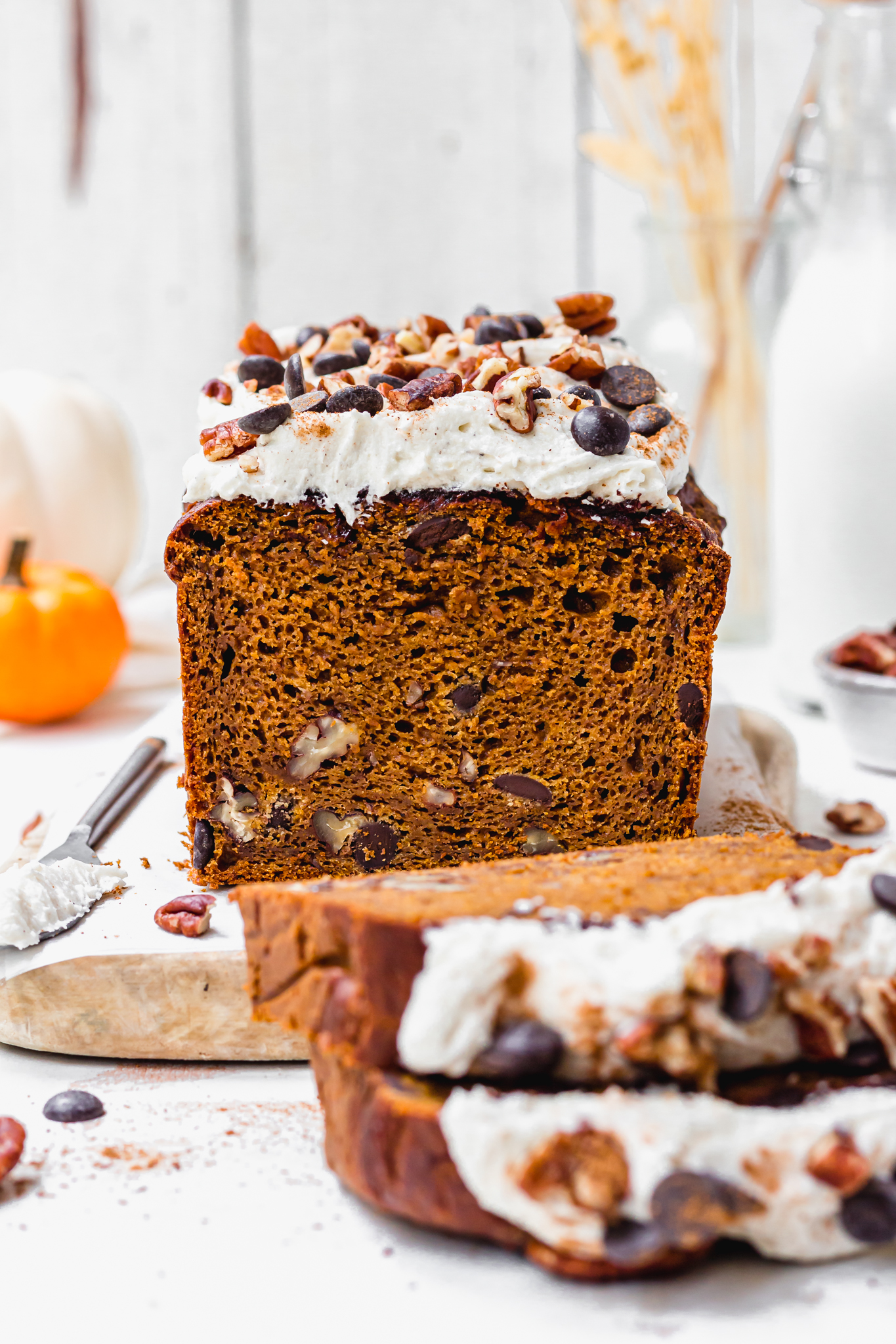 Chocolate Chip Chai Pumpkin Loaf with two slices
