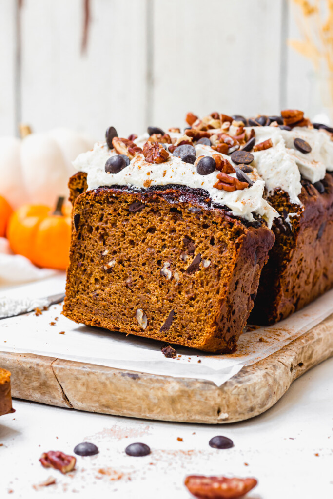 Side on angle of a piece of Chocolate Chip Chai Pumpkin Loaf