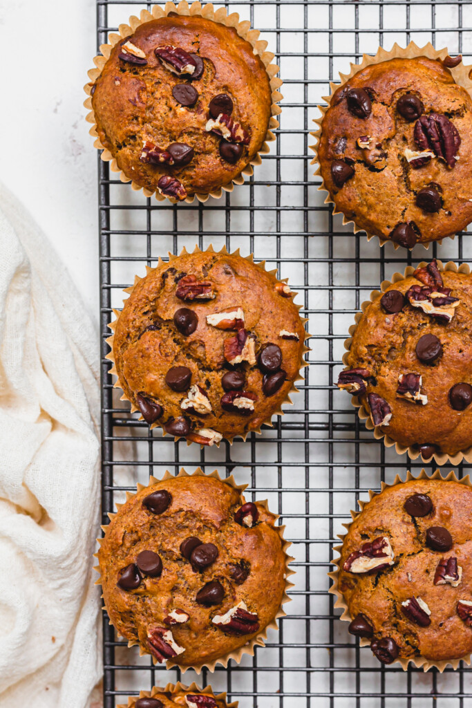 Chocolate Chip Pecan Pumpkin Muffins on a wire rack