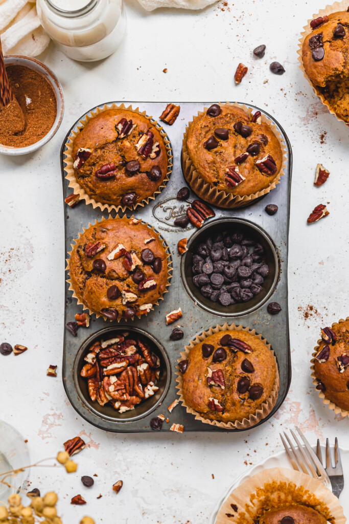 Four Chocolate Chip Pecan Pumpkin Muffins in a tray