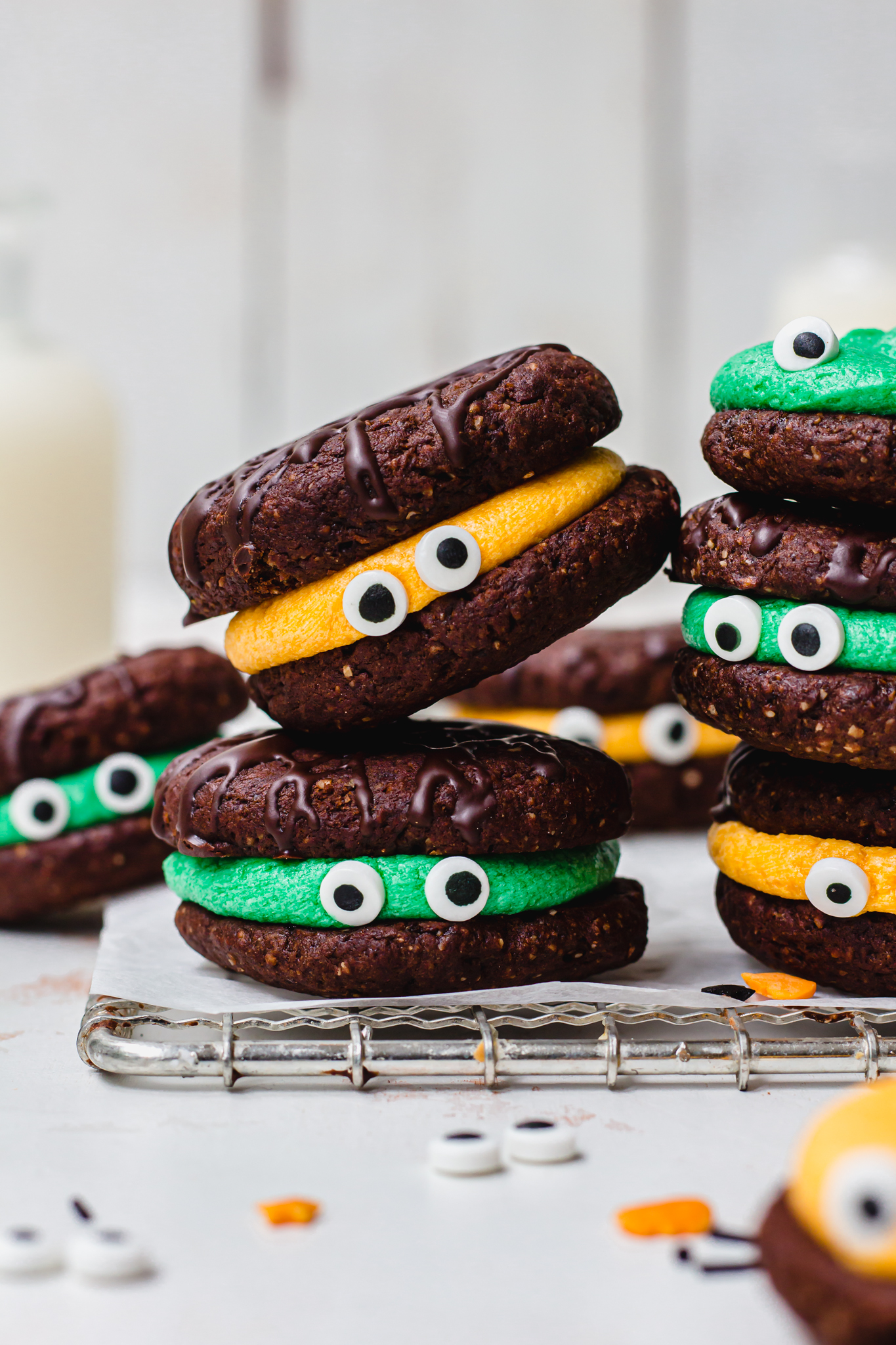 Several Halloween Chocolate Oreo Cookies with eyes