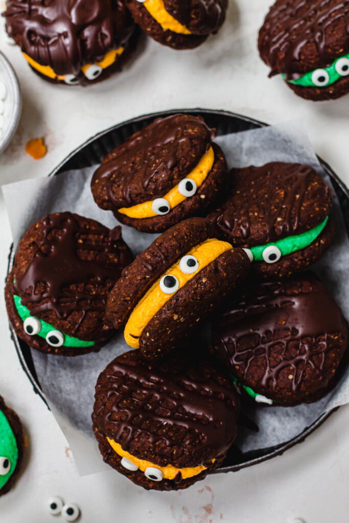 A grey dish of Halloween Chocolate Oreo Cookies