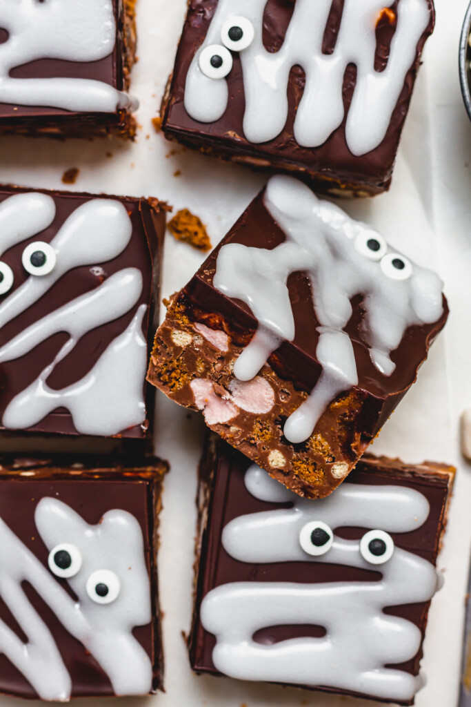 Close up the side of a piece of Halloween Vegan Rocky Road