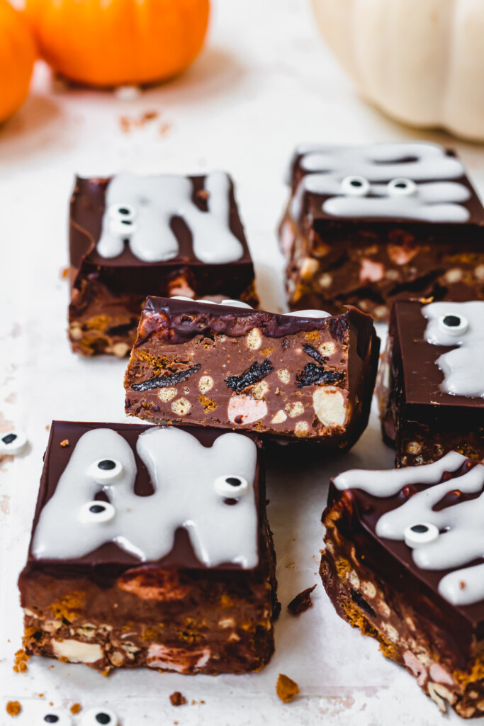 The side of a piece of Halloween Vegan Rocky Road