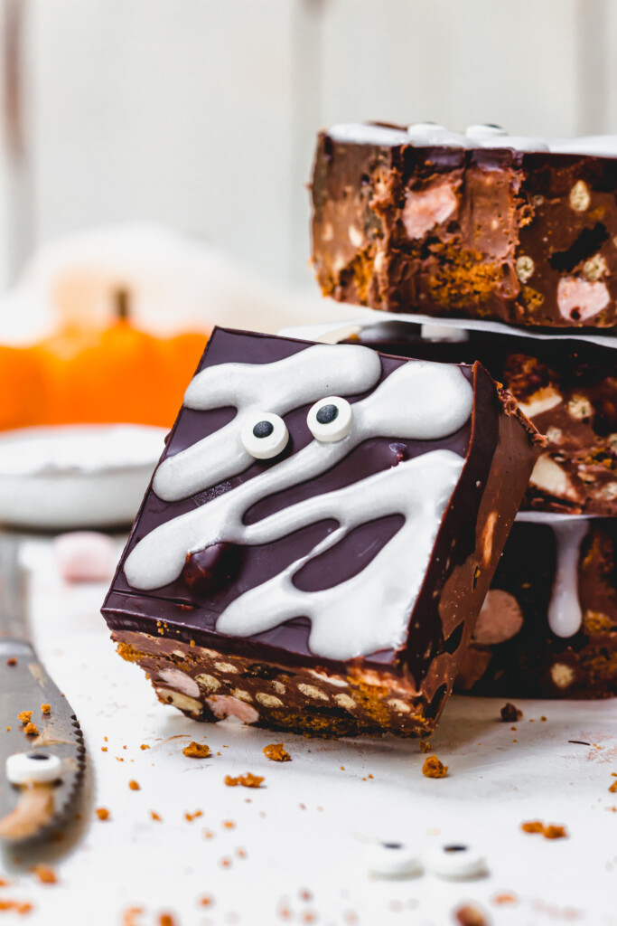 A square of Halloween Vegan Rocky Road leaning up