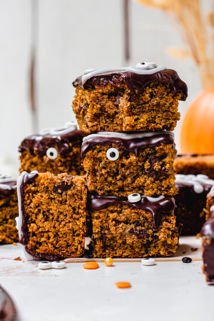 A stack of four Halloween Chocolate Fudge Blondies