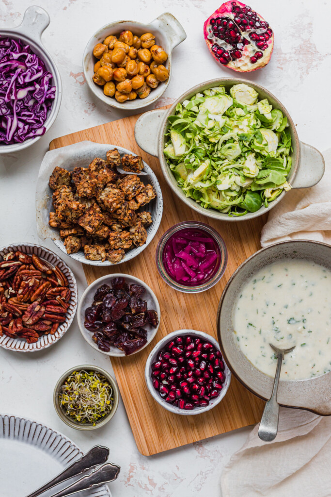 Ingredients needed for Brussel Sprout Red Cabbage Slaw with Crunchy Chickpeas