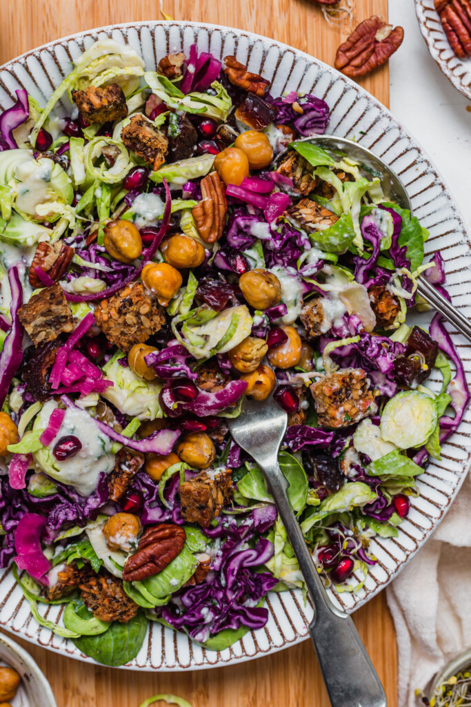 Close up of Brussel Sprout Red Cabbage Slaw with Crunchy Chickpeas