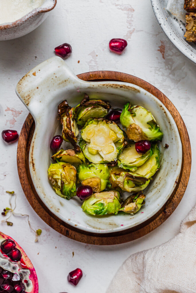 Crispy brussel sprout bottoms in a ceramic bowl