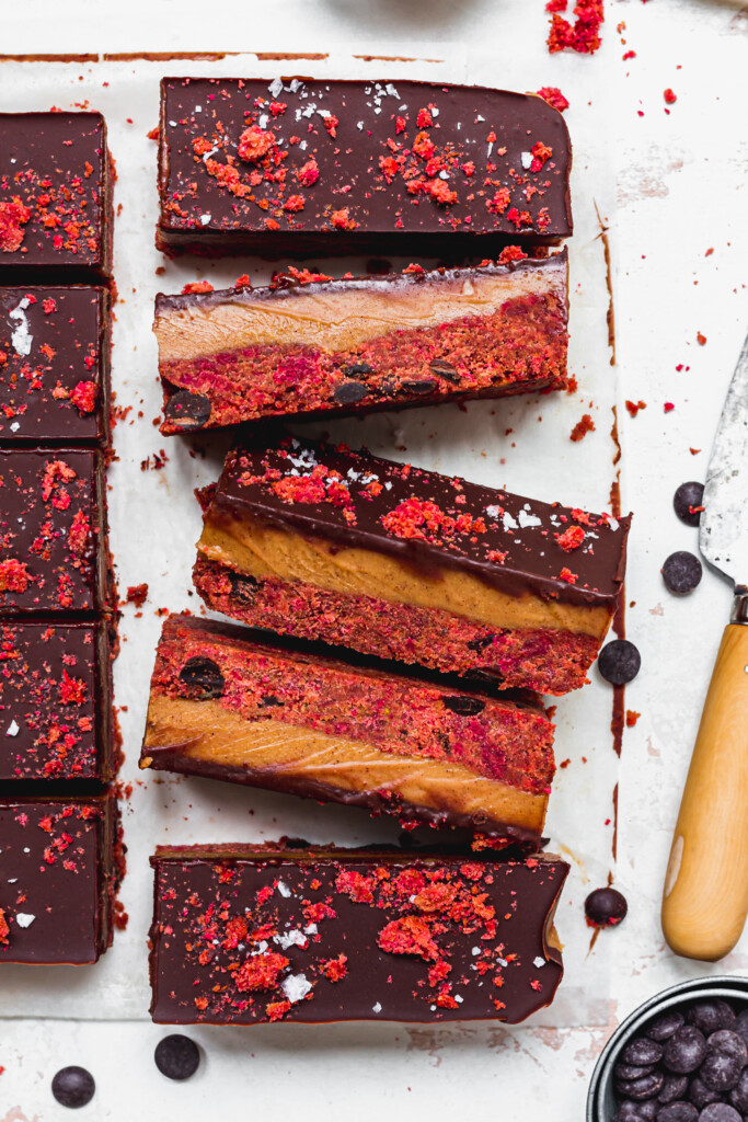 Side on shot of Chocolate Caramel Red Velvet Cake Bars