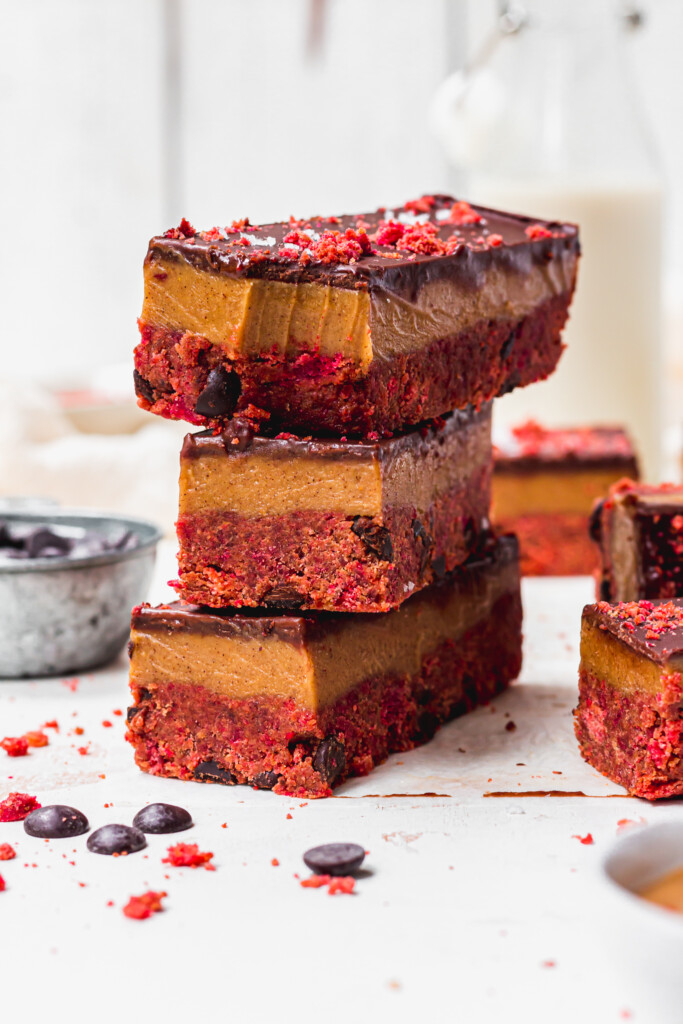 A stack of three Chocolate Caramel Red Velvet Cake Bars