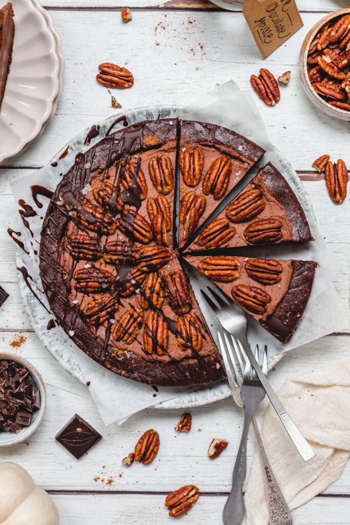 A Chocolate Pecan Mousse Pie with two forks