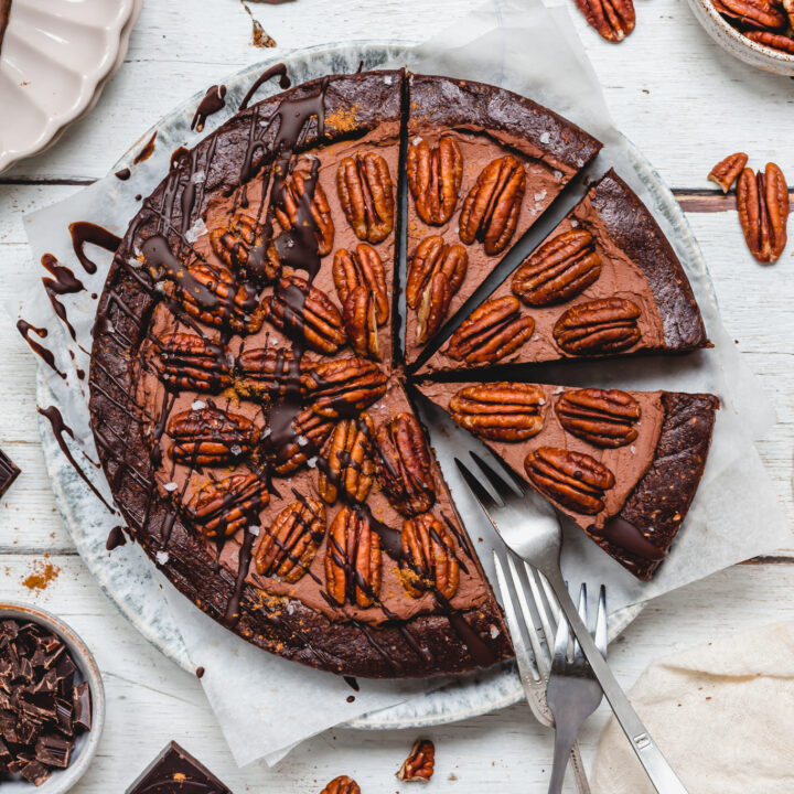 A Chocolate Pecan Mousse Pie with two forks