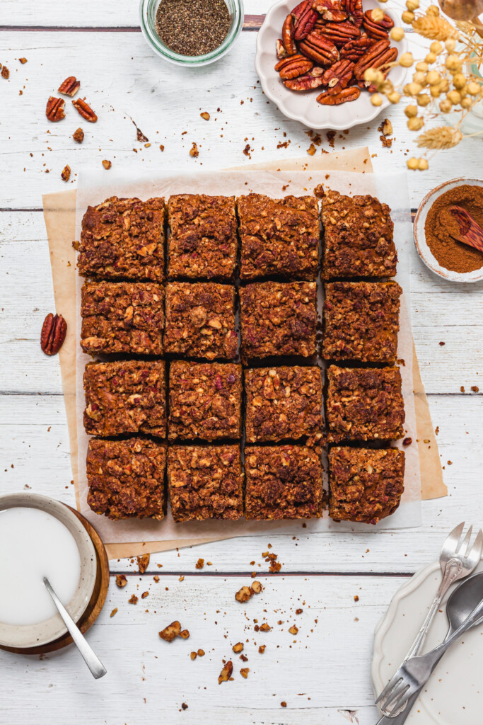 16 squares of Sweet Potato Cinnamon Streusel Coffee Cake without frosting