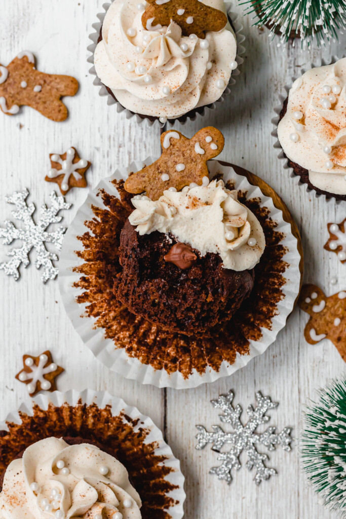 A Chocolate Gingerbread Cupcake with a chocolate ganache middle