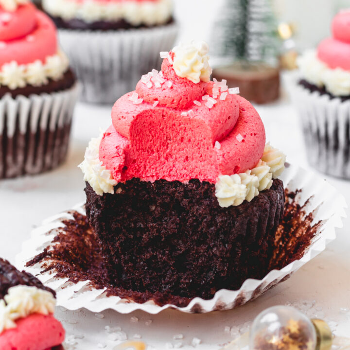 Half eaten Christmas Hat Chocolate Cupcake with a fork