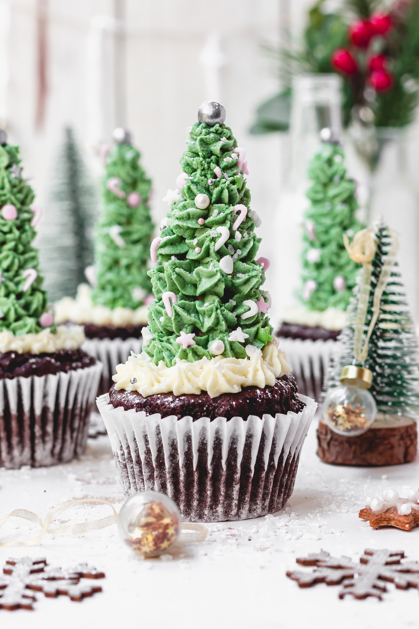 A Christmas Tree Chocolate Cupcake with a bauble
