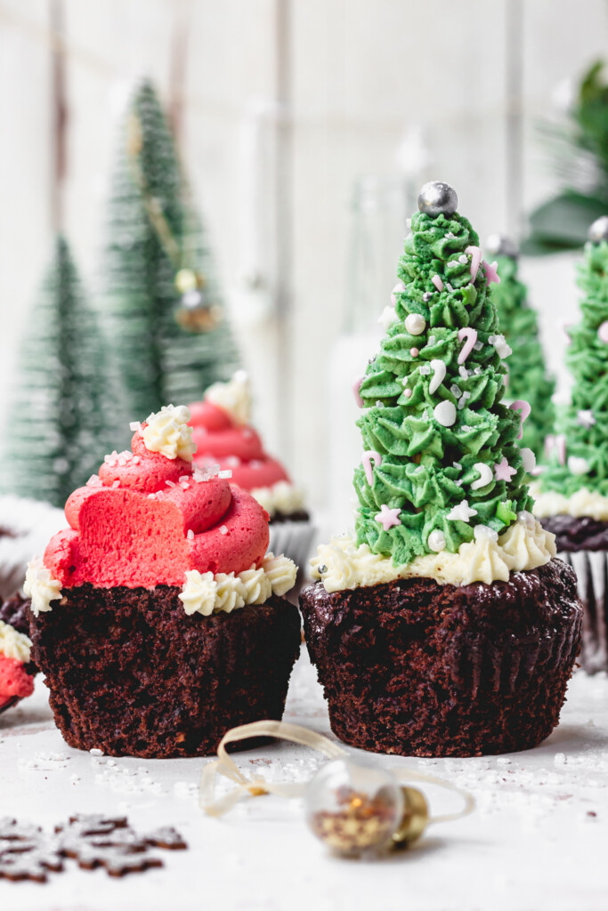A Christmas Tree Chocolate Cupcakes and a Christmas Hat Cupcake
