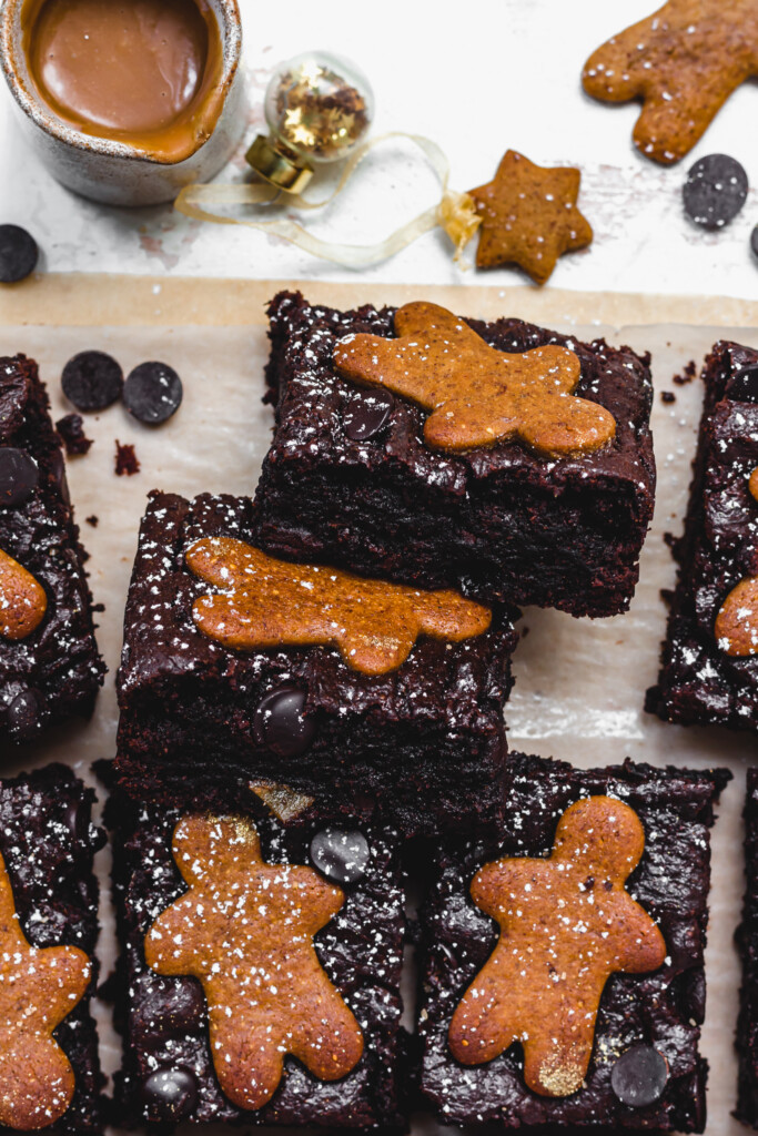 Two Gingerbread Fudge Brownies leaning against one another