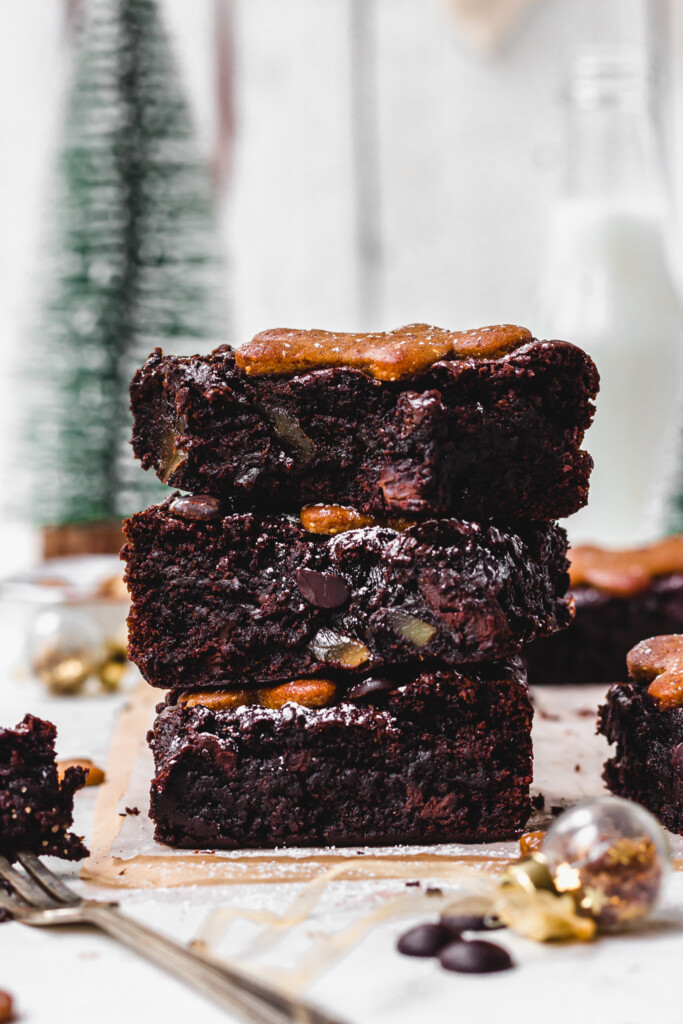 A stack of three Gingerbread Fudge Brownies