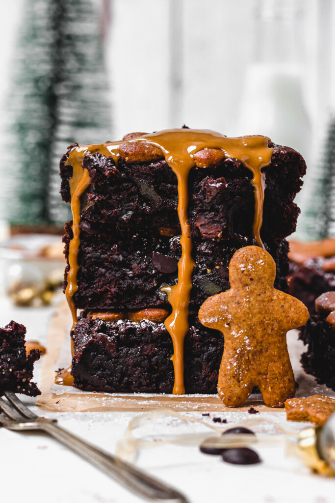 Three Gingerbread Fudge Brownies with a gingerbread man