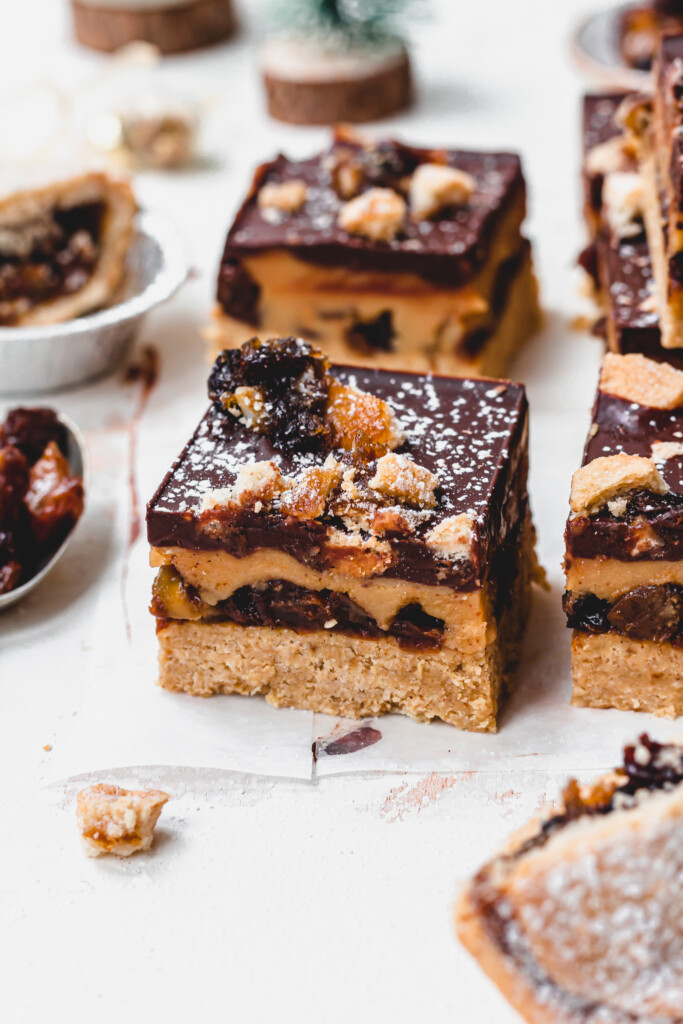 One piece of Mince Pie Caramel Bars close up
