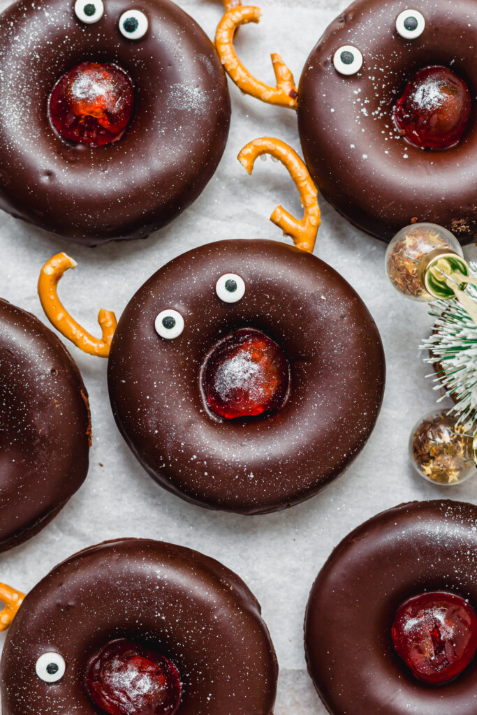 Close up of some Reindeer Chocolate Doughnuts