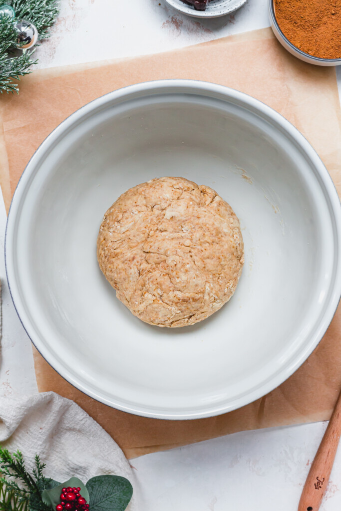 Ball of dough in a bowl to make Vegan Chocolate Cinnamon Star Bread