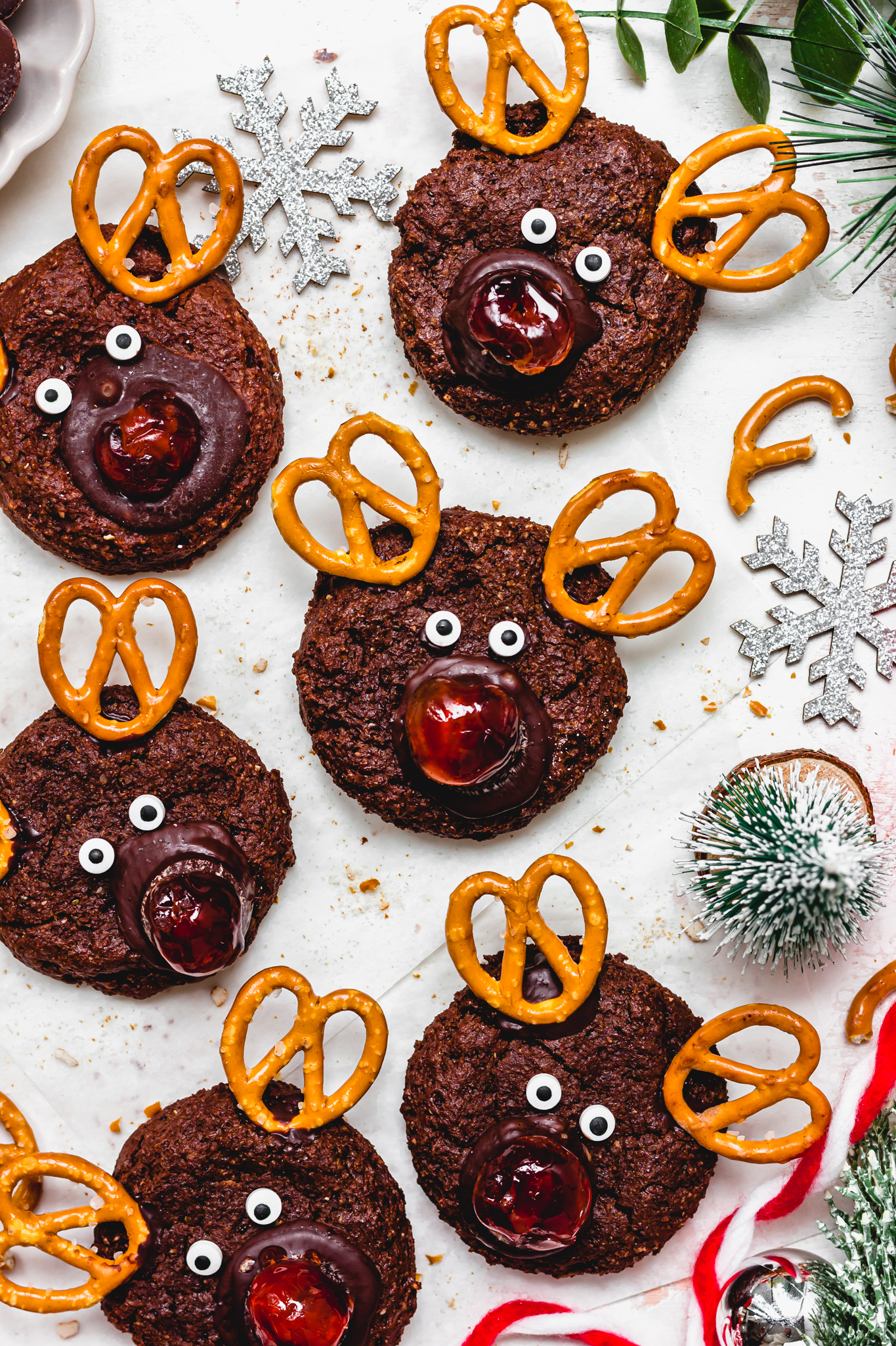 Vegan Chocolate Reindeer Cookies on a white backdrop