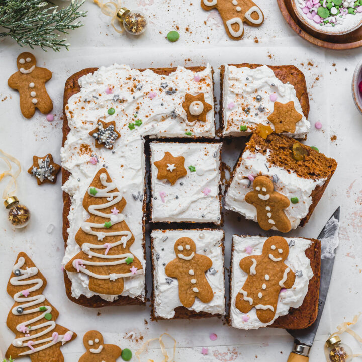 Vegan Gingerbread Sheetcake cut up into squares