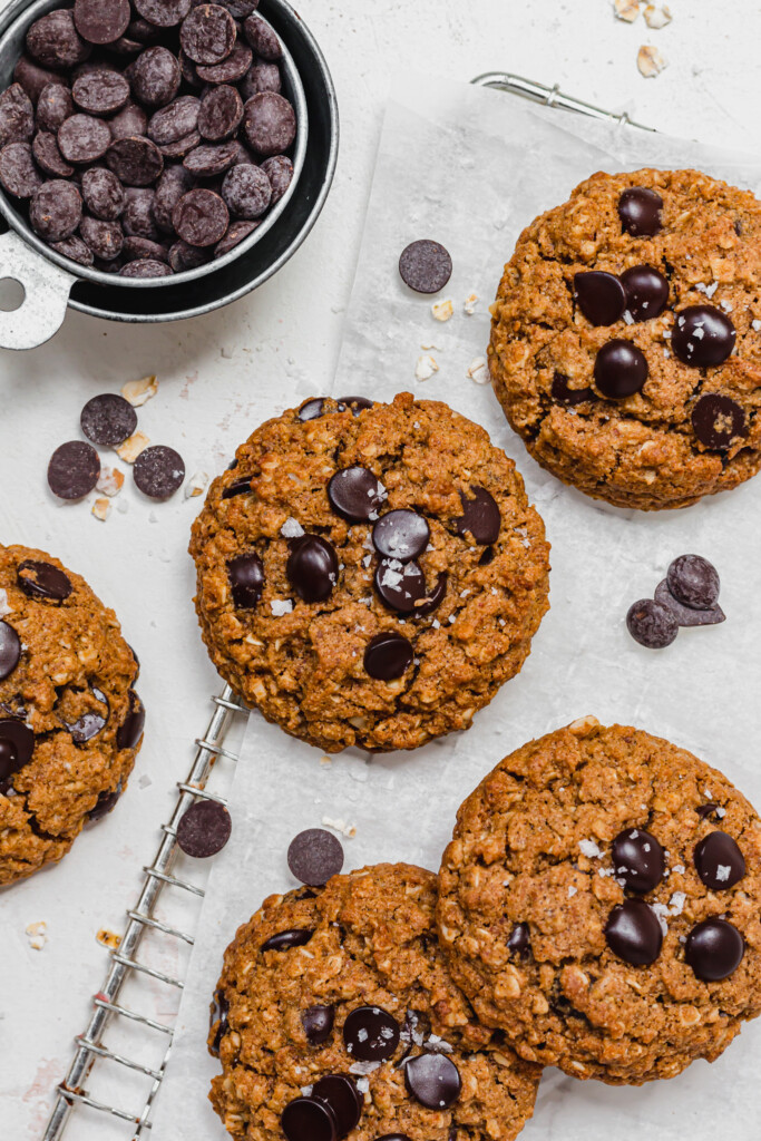 Healthy Chocolate Chip Oatmeal Cookies on a small wire rack