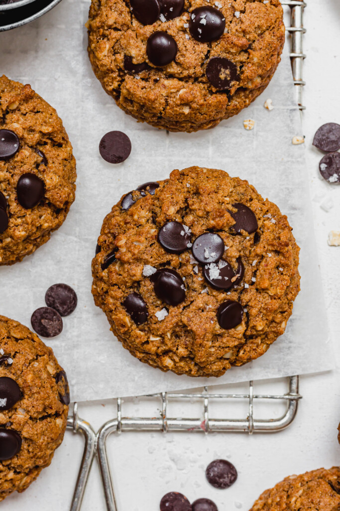 Close up of Healthy Chocolate Chip Oatmeal Cookies on a wire rack