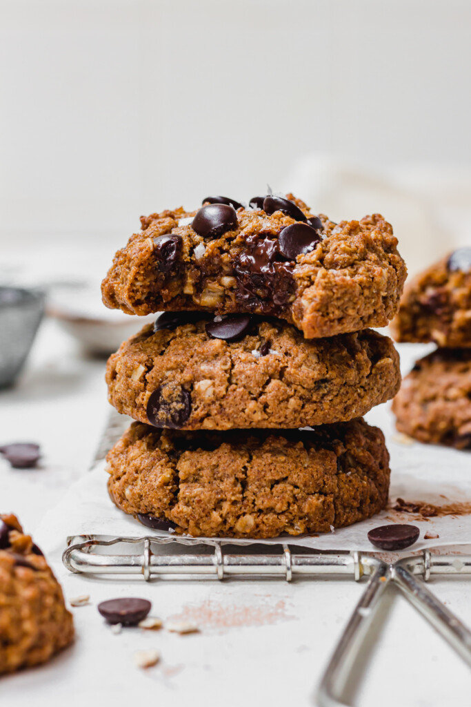 A stack of three Healthy Chocolate Chip Oatmeal Cookies