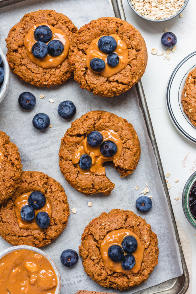 Peanut Butter and Blueberry Breakfast Cookies on a metal tray