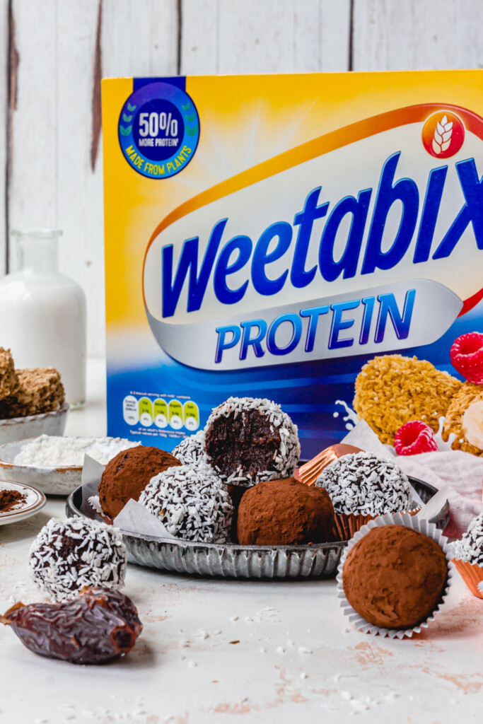 Chocolate Weetabix Protein Balls with a packet of Weetabix Protein