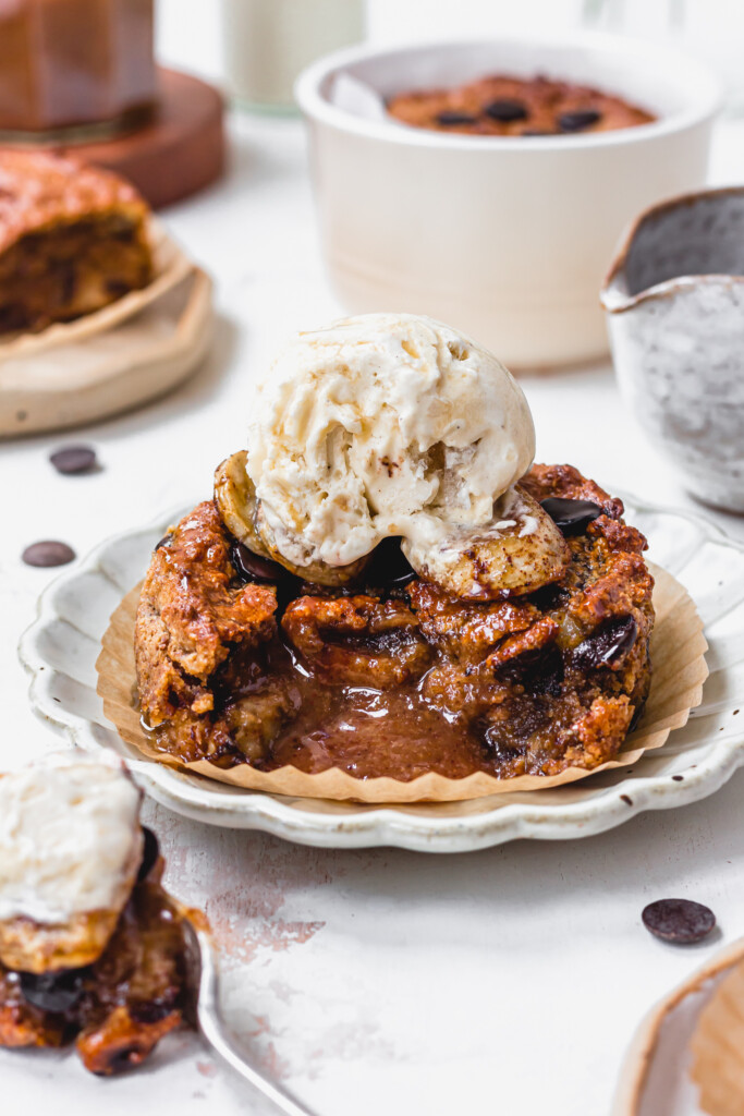 A Chocolate Chip Salted Caramel Cookie Skillet with a gooey caramel middle