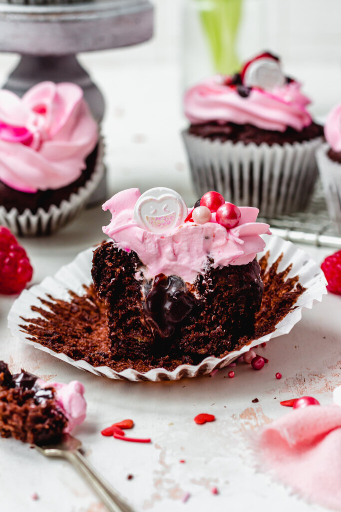Chocolate Fudge Heart Cupcakes with a fork and pink linen
