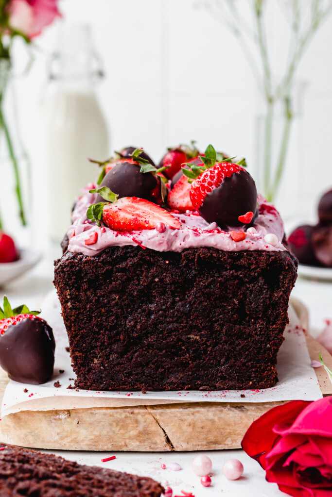 Chocolate Strawberry Banana Bread on a wooden board