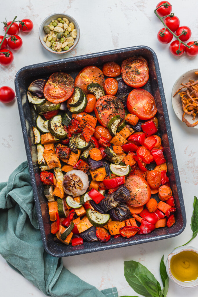 A large tray of roasted vegetables