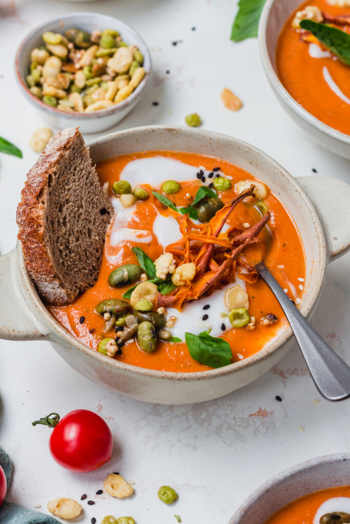 A spoon in a bowl of Hidden Vegetable Creamy Tomato Soup