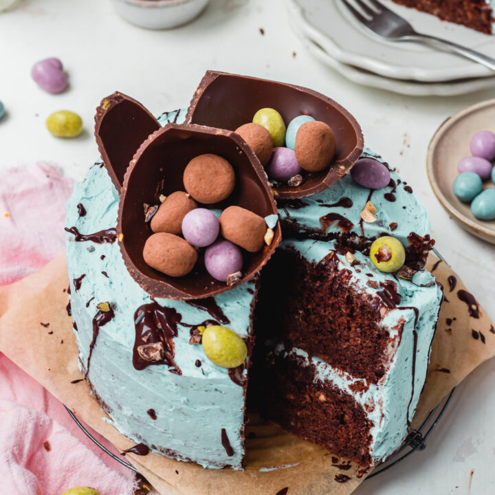 The top of a sliced Chocolate Banana Easter Speckle Cake with Easter Egg shells