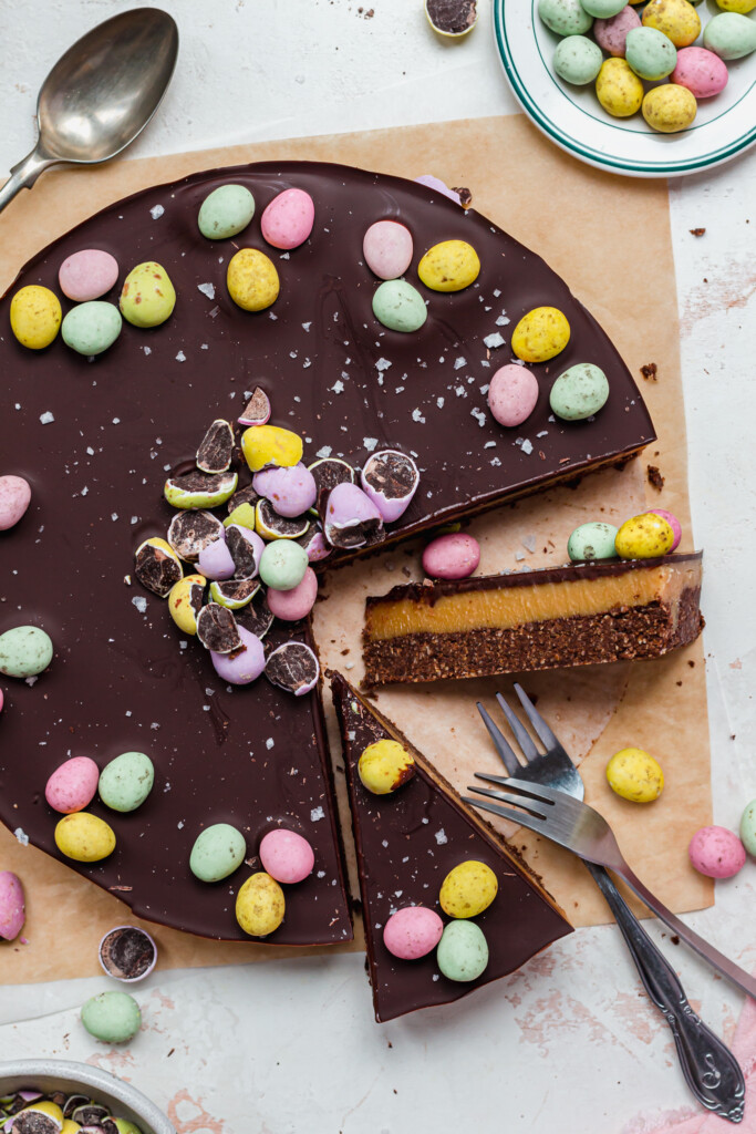 Close up of a Chocolate Caramel Mini Egg Slices with two forks