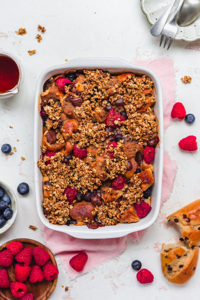 A white dish of Chocolate Chip Vegan French Toast Bake