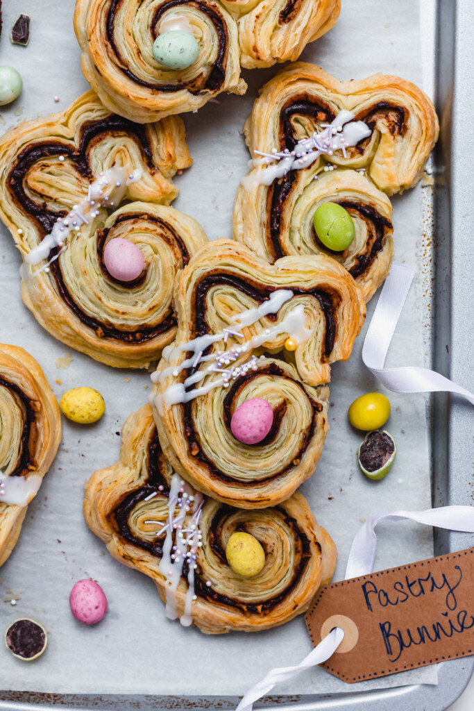 Close up of Chocolate Easter Pastry Bunnies on a metal tray