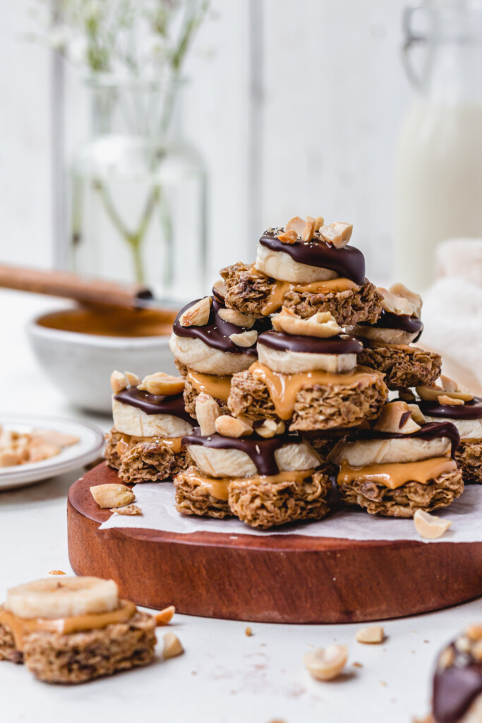 A stack of many Chocolate Peanut Butter Banana Weetabix Bites